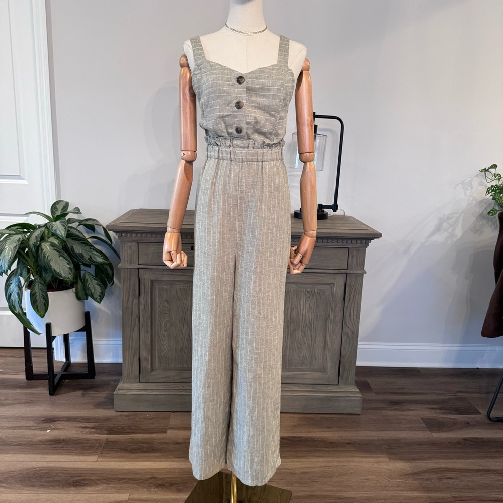 NWT Romeo and Juliet Couture Green and White Striped Linen Jumpsuit | Si…